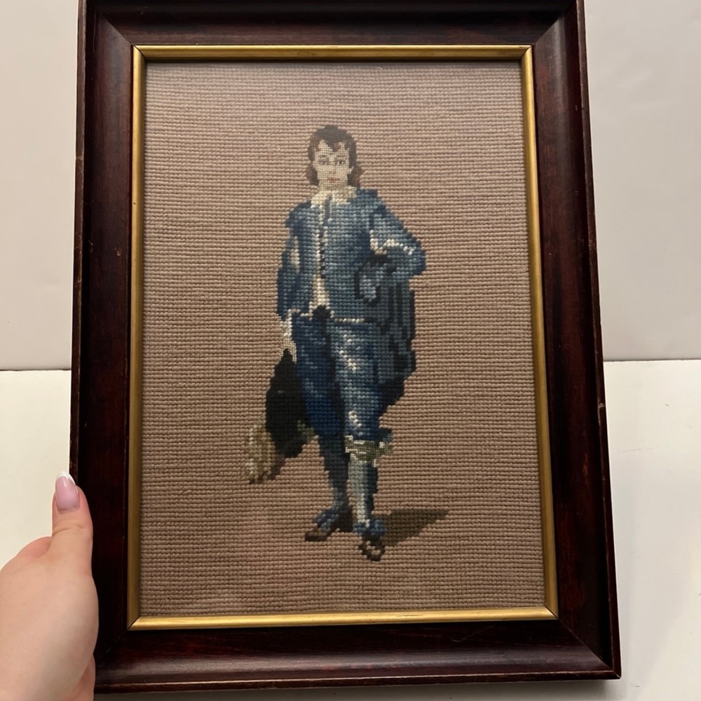 VINTAGE NEEDLEPOINT THE BLUE BOY framed 12” X 16”